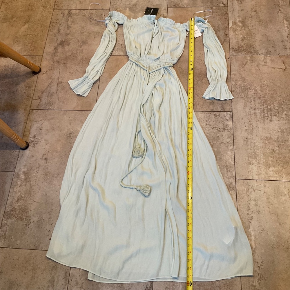Forever 21 Long Sleeve Sheer Off The Shoulder Dress Sea Foam Green Gown Sz XS - Picture 9 of 13